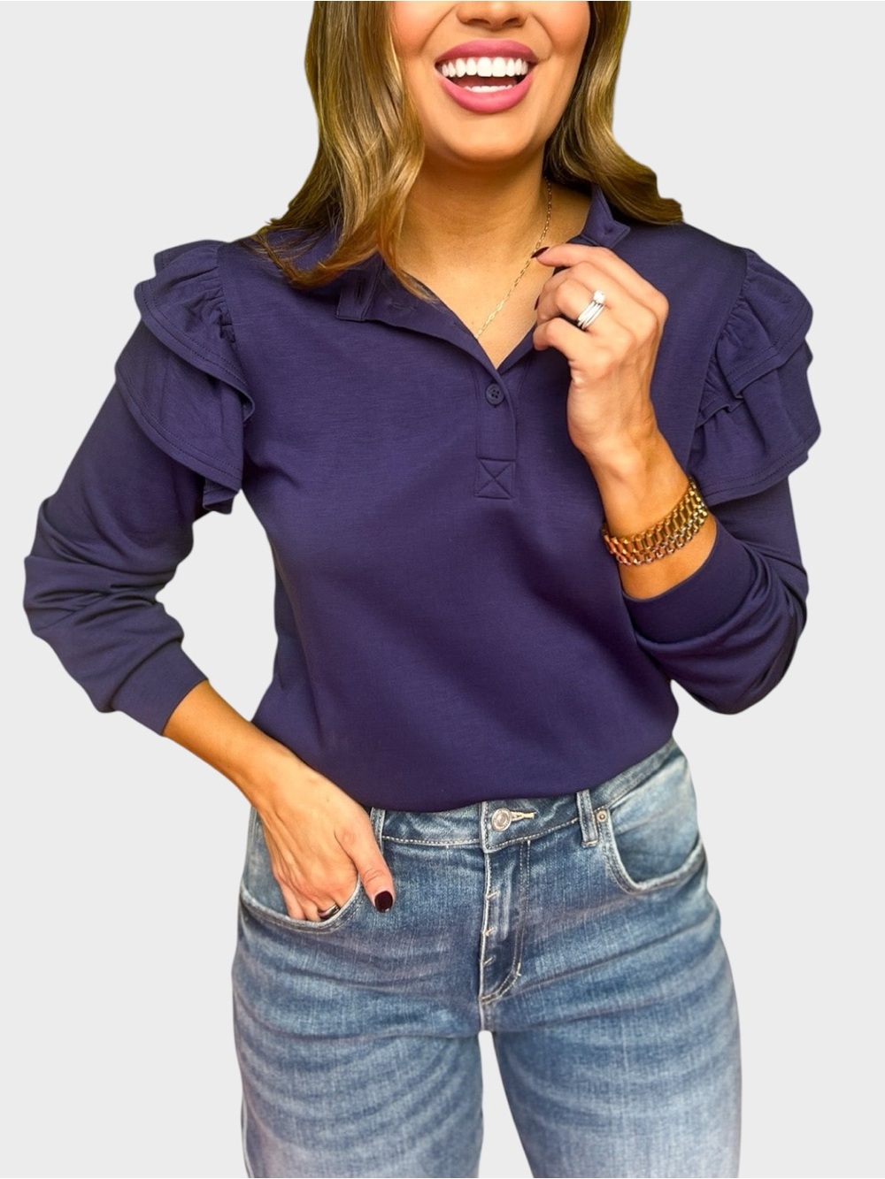 SSYS The Libby Ruffle Shoulder Long Sleeve Knit Top Coastal Preppy Navy S